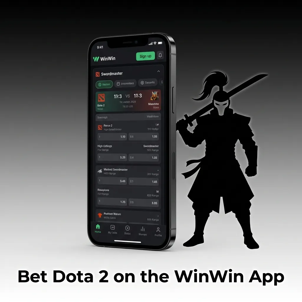 Phone screen with WinWin app: Dota 2 live odds, bet slip in KES, notifications for scores, mobile betting in Kenya.