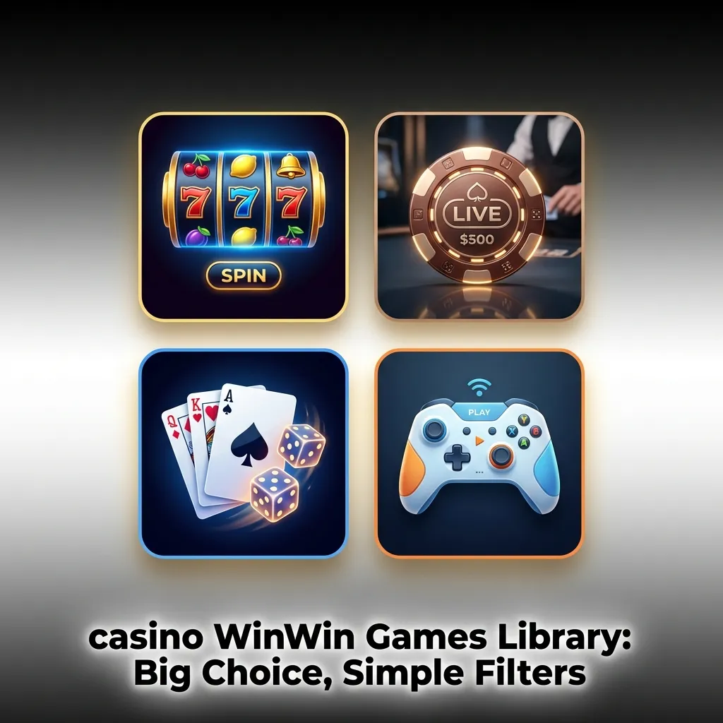 WinWin casino games library interface with filters and search; slots, tables, crash games, jackpots; mobile-friendly.