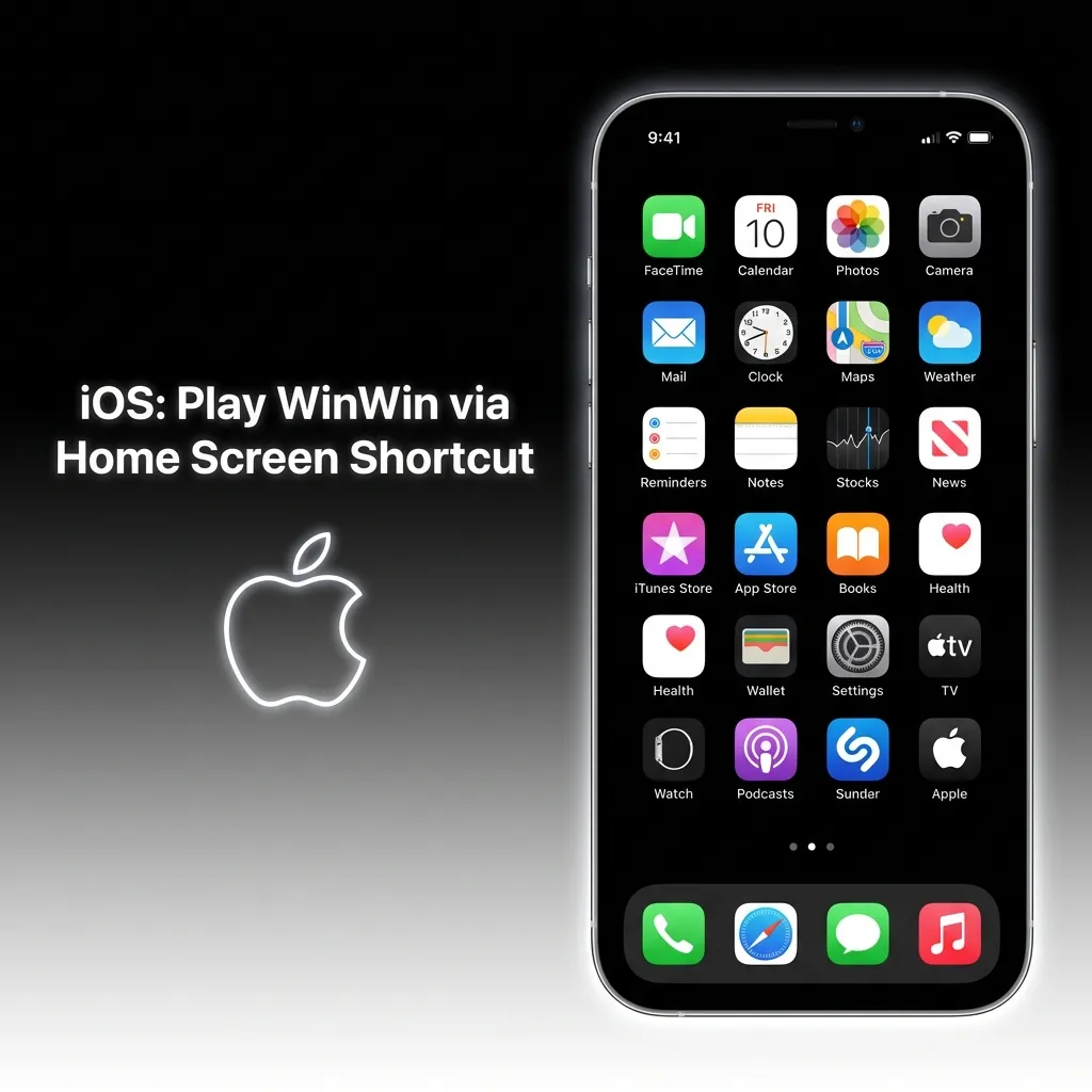 iPhone screen showing Safari's Share sheet; Add to Home Screen to install WinWin PWA for full-screen casino play.