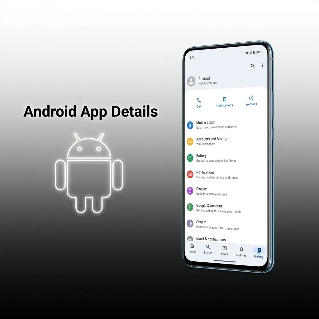 Android app details: Requires Android 7+, 50–100 MB APK; open app page, download, allow installs, install, sign in.