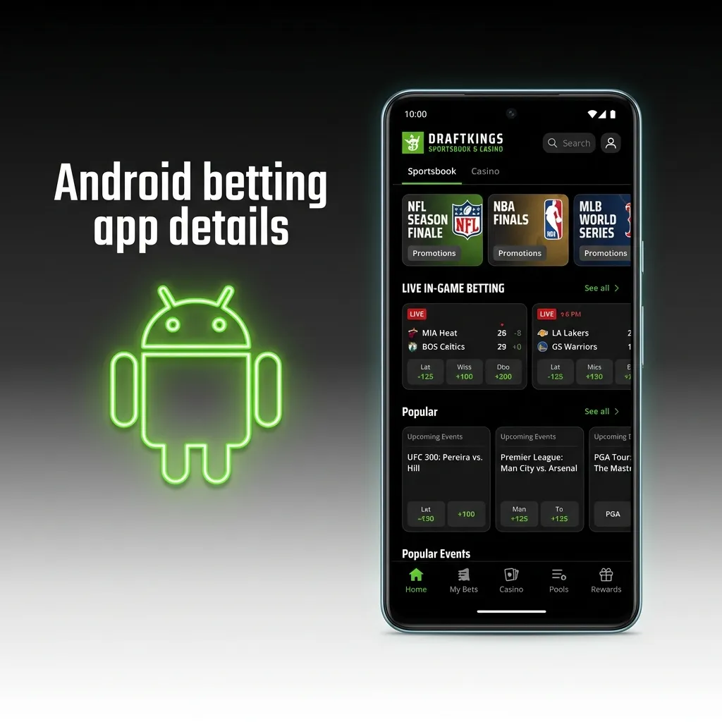Android betting app graphic: supports Android 7+, low data, fast in-play updates, with APK download and install steps.