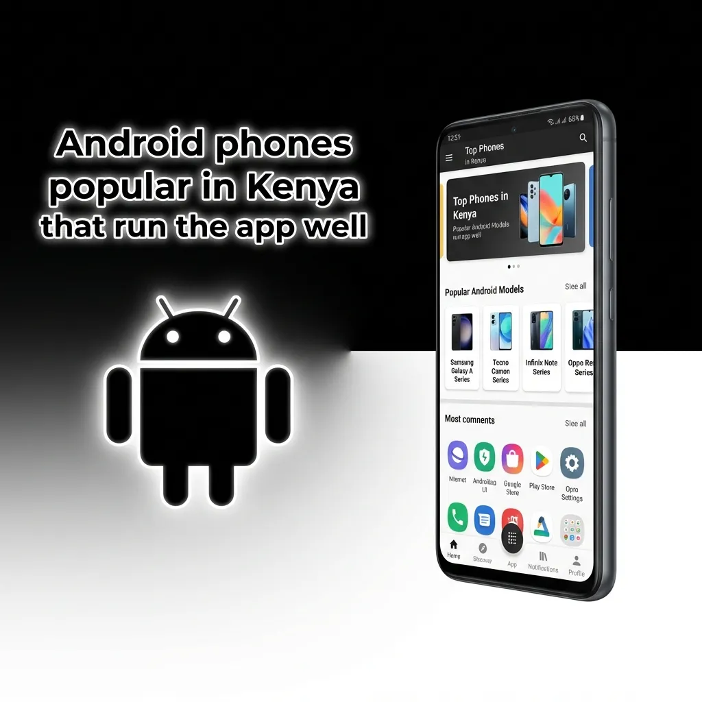 Popular Kenyan Android phones for the app: Tecno Spark 10; Infinix Hot 12; itel P40; Samsung A14/A24; Redmi 11/12.