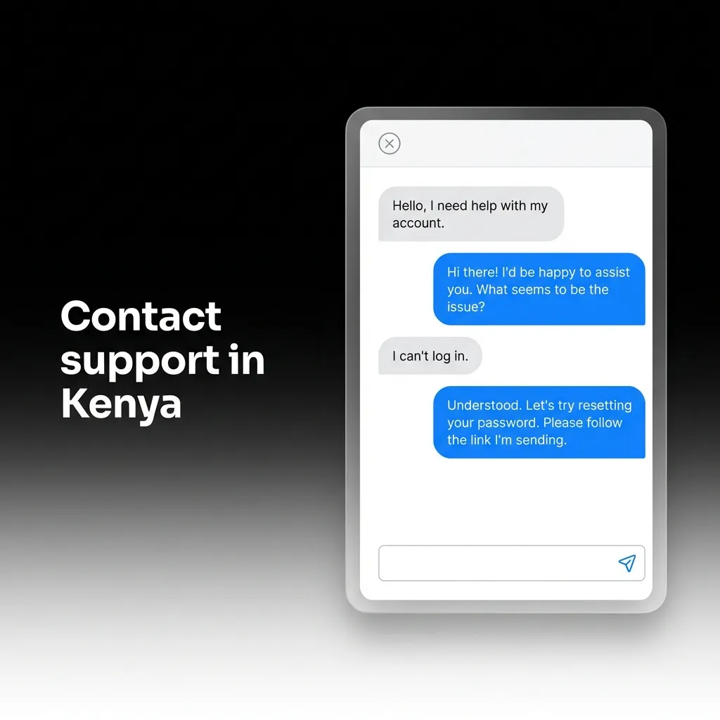 Kenya support: 24/7 live chat, email, WhatsApp, phone, X/Facebook links, office address. Help on all devices.
