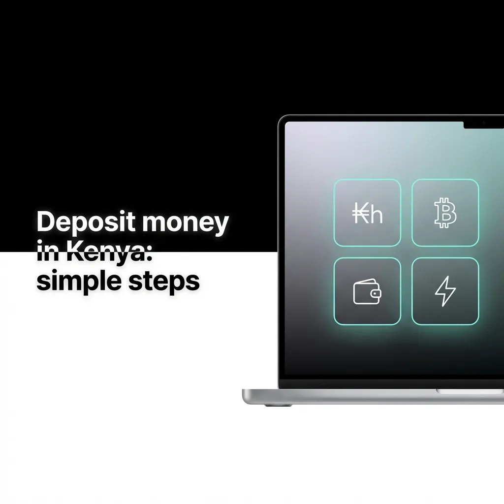 App screen showing 'My Account > Deposit' with Kenya KES options: mobile money, card, bank transfer, and OTP confirmation.