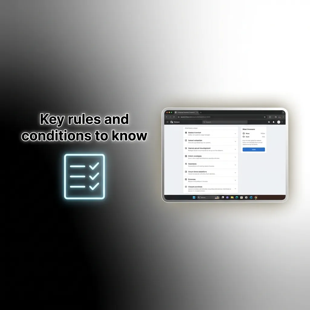 Infographic 'Key rules and conditions': 18+ only, one account/device, bonus wagering limits, personal payments, KYC.