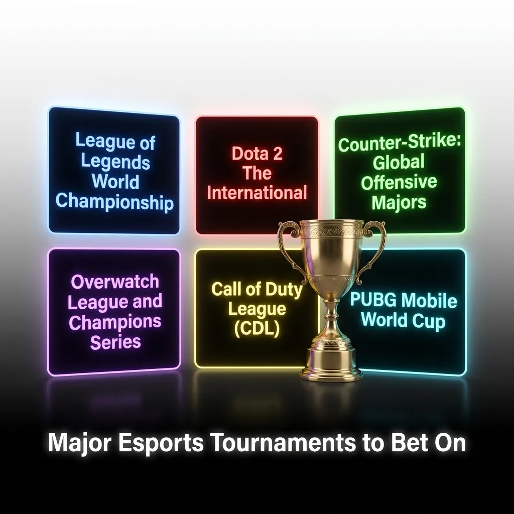 Table of major esports tournaments for Dota 2, CS2, LoL, Valorant, MLBB, SC2, R6, with events like TI, PGL Major, Worlds.