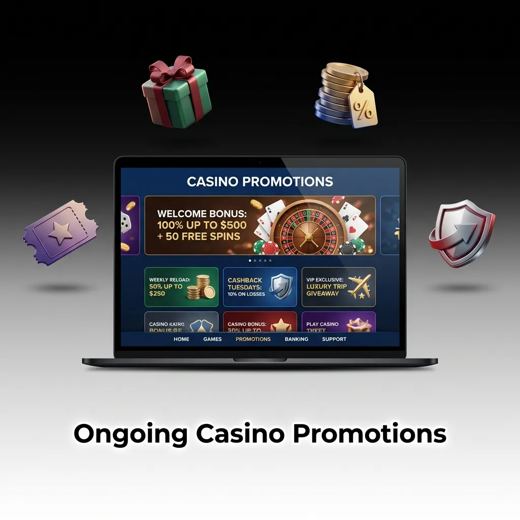 Ongoing casino promos: 50% reload, 10% slot cashback, daily free spins, Drops & Wins, live cashback, high-roller reload.