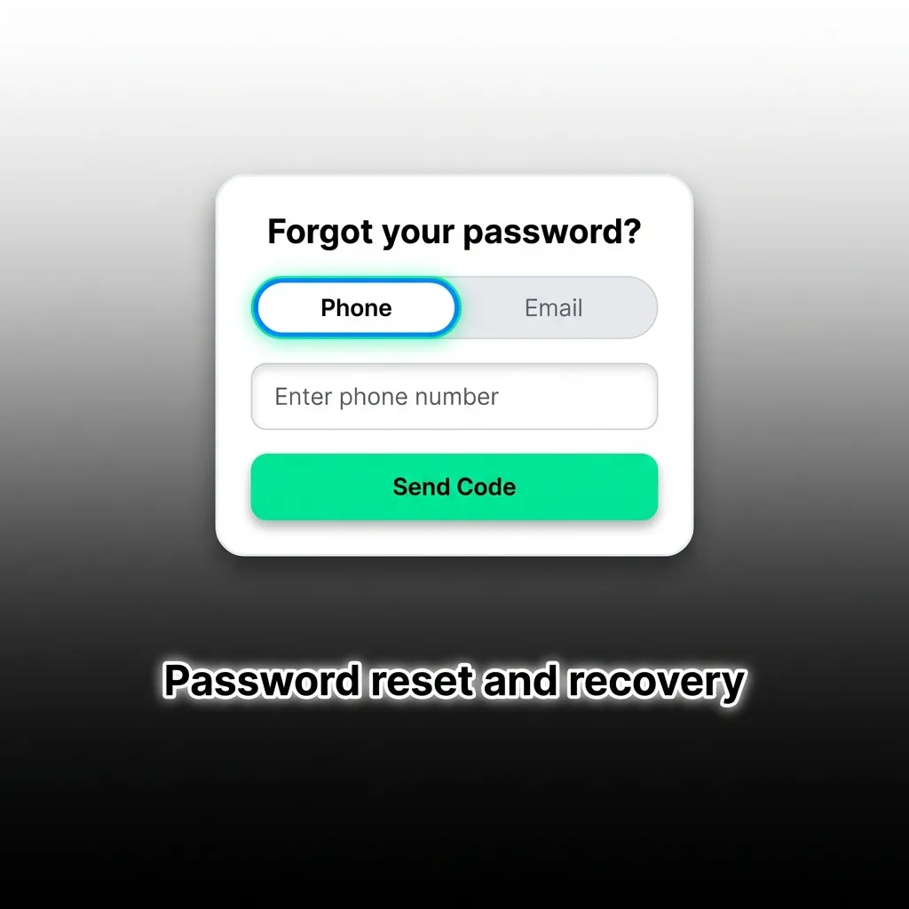 Password reset: select Forgot Password, get SMS or email, verify, set new password, or contact support if no access.