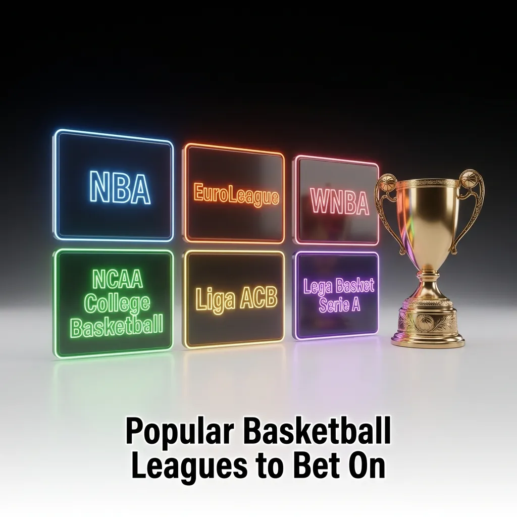 Graphic showing popular basketball leagues to bet on: NBA, WNBA, EuroLeague, EuroCup, NCAA, BAL, FIBA