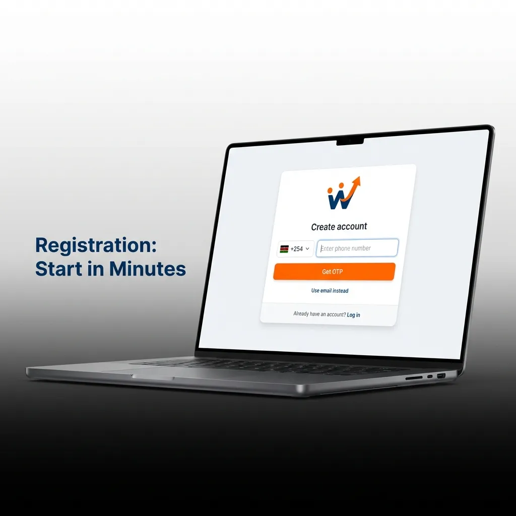 Quick signup screen: email/phone/social login, set KES, verify code, deposit M‑Pesa/card.