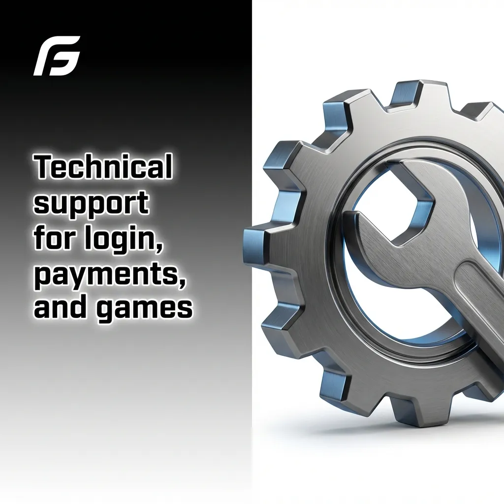 Infographic: Technical support for login, payments, and games—live chat, tech-ke@winwin.com, Help Centre tickets, quick fixes