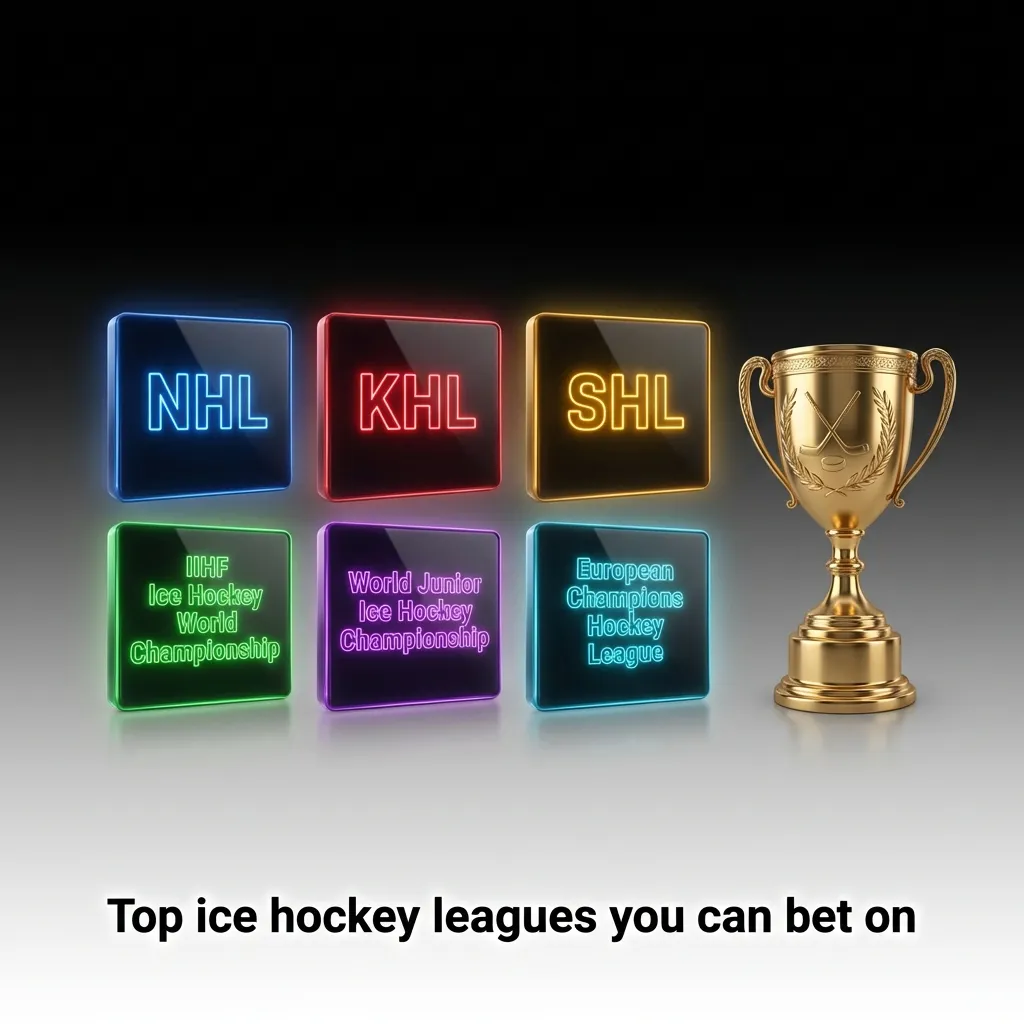 Graphic listing top ice hockey leagues to bet on: NHL, KHL, SHL, Liiga, Swiss National League, IIHF Worlds, CHL.