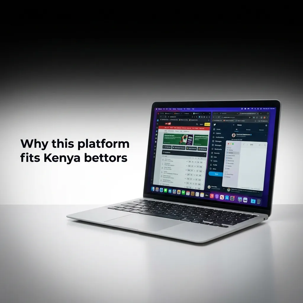 Phone showing Kenya sportsbook app: football, cricket, rugby icons, M-Pesa KES deposits, padlock security, KYC verified.